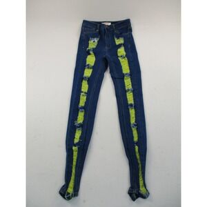 Vibrant M.I.U. Jeans Women 5 Blue Neon Lime Green Distressed Skinny EP1909 Edgy